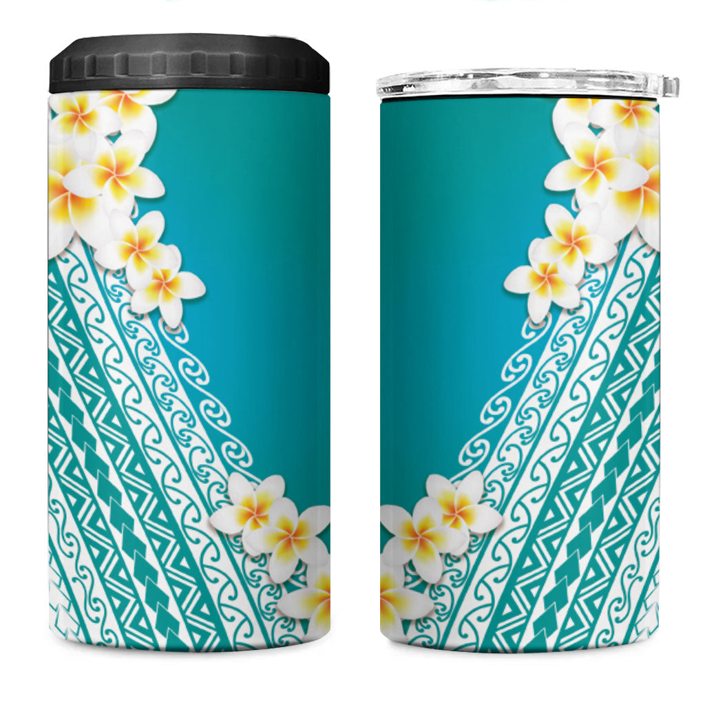 Tahiti Plumeria Tribal Pattern 4 in 1 Can Cooler Tumbler Wave Style Turquoise LT05 One Size: 16 oz Turquoise - Polynesian Pride
