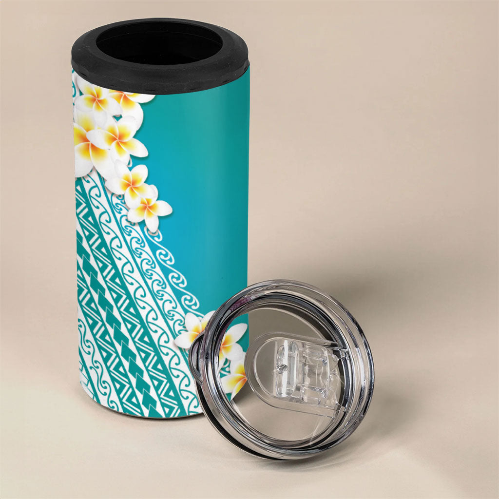 Tahiti Plumeria Tribal Pattern 4 in 1 Can Cooler Tumbler Wave Style Turquoise LT05 - Polynesian Pride