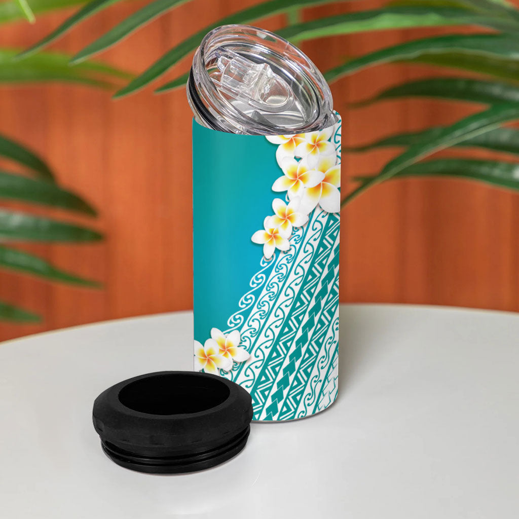Tahiti Plumeria Tribal Pattern 4 in 1 Can Cooler Tumbler Wave Style Turquoise LT05 - Polynesian Pride