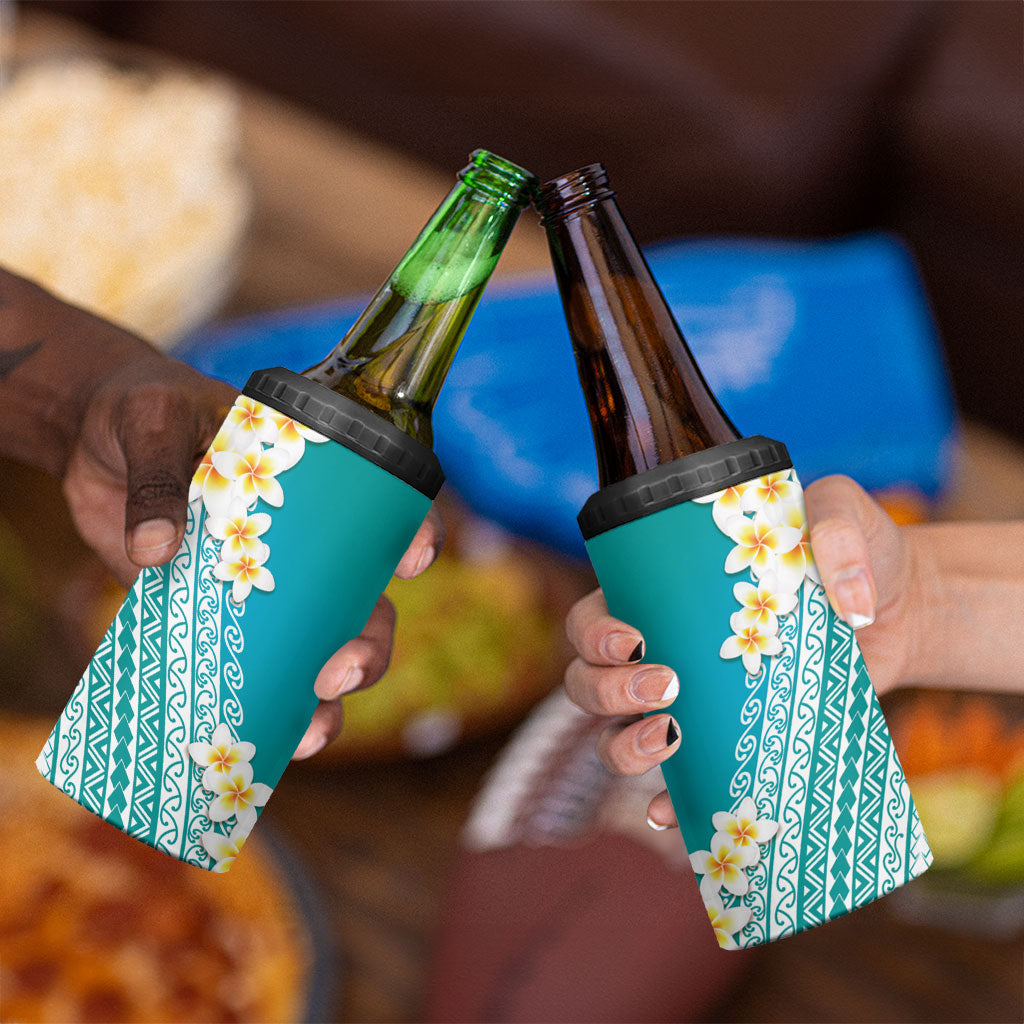 Tahiti Plumeria Tribal Pattern 4 in 1 Can Cooler Tumbler Wave Style Turquoise LT05 - Polynesian Pride