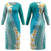 Tahiti Plumeria Tribal Pattern Couples Matching Long Sleeve Bodycon Dress and Long Sleeve Button Shirt Wave Style Turquoise LT05 - Polynesian Pride