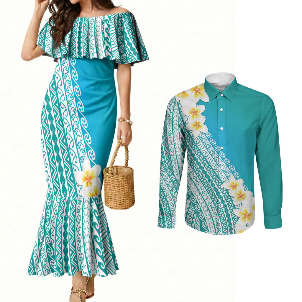 Tahiti Plumeria Tribal Pattern Couples Matching Mermaid Dress and Long Sleeve Button Shirt Wave Style Turquoise LT05 Turquoise - Polynesian Pride