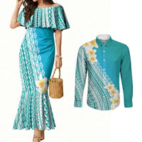 Tahiti Plumeria Tribal Pattern Couples Matching Mermaid Dress and Long Sleeve Button Shirt Wave Style Turquoise LT05 Turquoise - Polynesian Pride