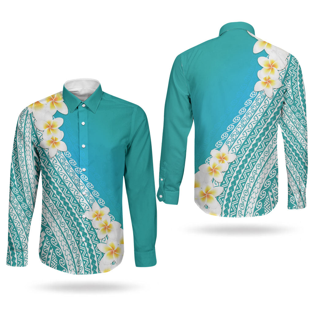 Tahiti Plumeria Tribal Pattern Couples Matching Mermaid Dress and Long Sleeve Button Shirt Wave Style Turquoise LT05 - Polynesian Pride