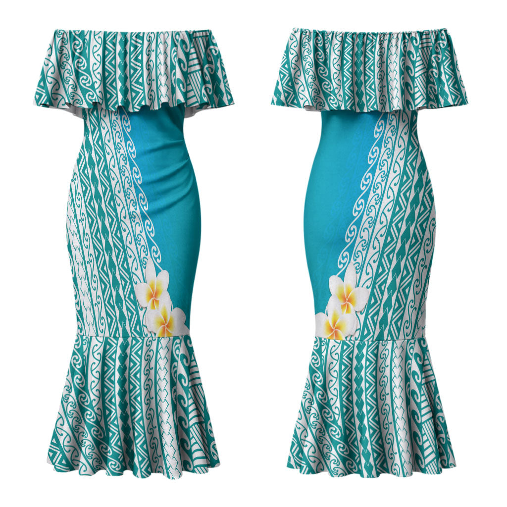 Tahiti Plumeria Tribal Pattern Couples Matching Mermaid Dress and Long Sleeve Button Shirt Wave Style Turquoise LT05 - Polynesian Pride