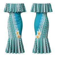 Tahiti Plumeria Tribal Pattern Couples Matching Mermaid Dress and Long Sleeve Button Shirt Wave Style Turquoise LT05 - Polynesian Pride