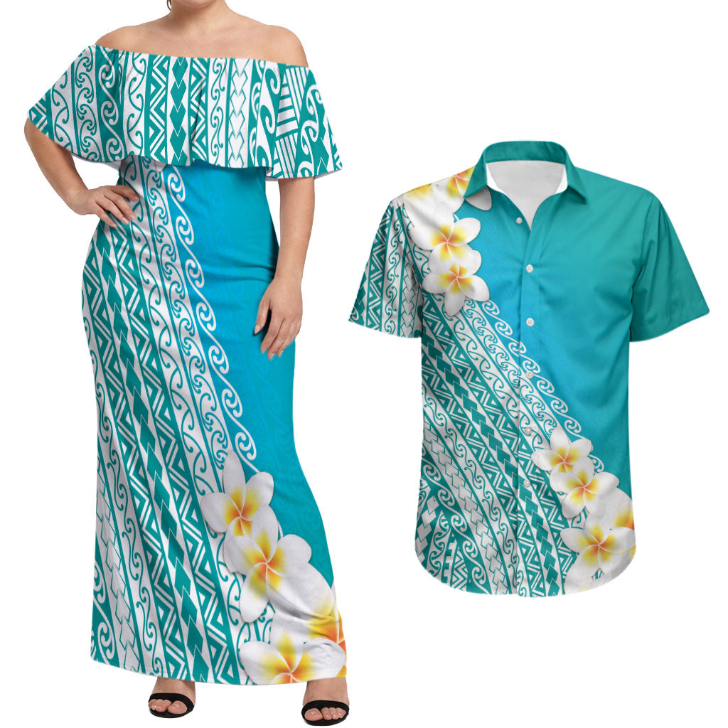 Tahiti Plumeria Tribal Pattern Couples Matching Off Shoulder Maxi Dress and Hawaiian Shirt Wave Style Turquoise LT05 Turquoise - Polynesian Pride