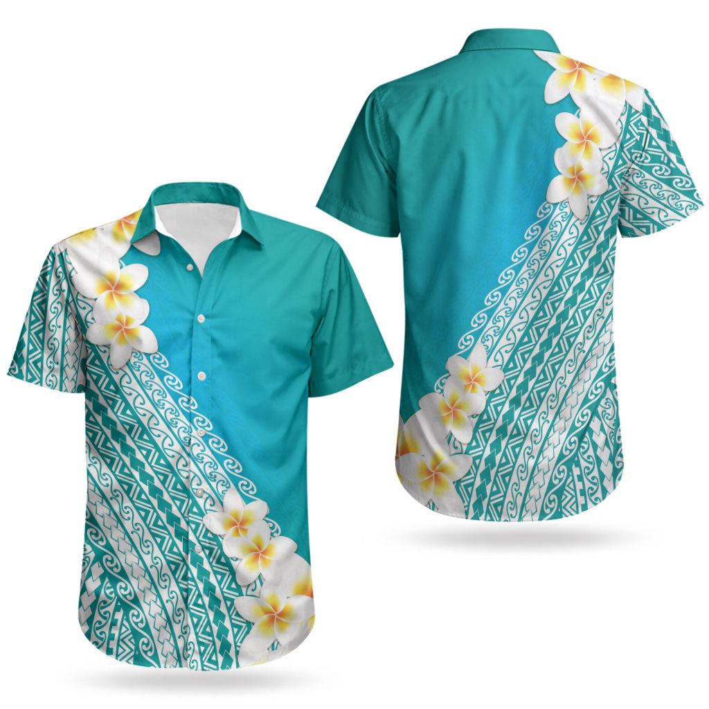 Tahiti Plumeria Tribal Pattern Couples Matching Off Shoulder Maxi Dress and Hawaiian Shirt Wave Style Turquoise LT05 - Polynesian Pride