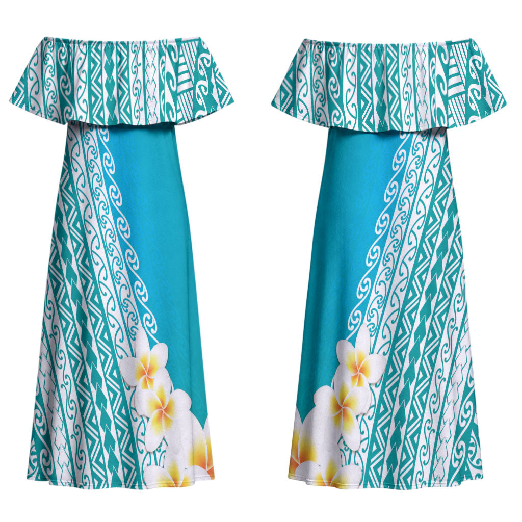 Tahiti Plumeria Tribal Pattern Couples Matching Off Shoulder Maxi Dress and Hawaiian Shirt Wave Style Turquoise LT05 - Polynesian Pride