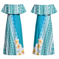 Tahiti Plumeria Tribal Pattern Couples Matching Off Shoulder Maxi Dress and Hawaiian Shirt Wave Style Turquoise LT05 - Polynesian Pride