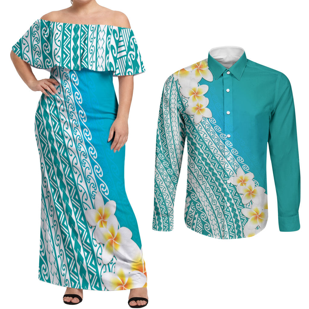 Tahiti Plumeria Tribal Pattern Couples Matching Off Shoulder Maxi Dress and Long Sleeve Button Shirt Wave Style Turquoise LT05 Turquoise - Polynesian Pride