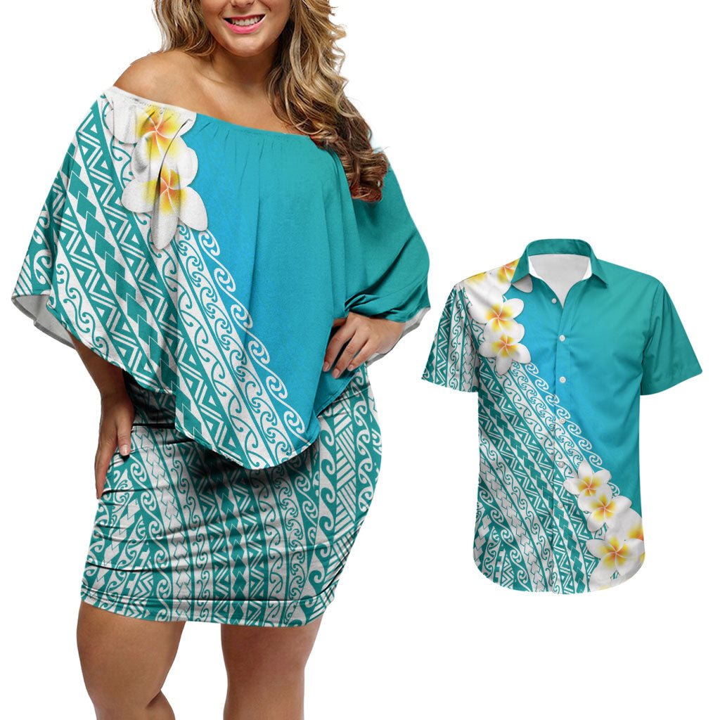 Tahiti Plumeria Tribal Pattern Couples Matching Off Shoulder Short Dress and Hawaiian Shirt Wave Style Turquoise LT05 Turquoise - Polynesian Pride