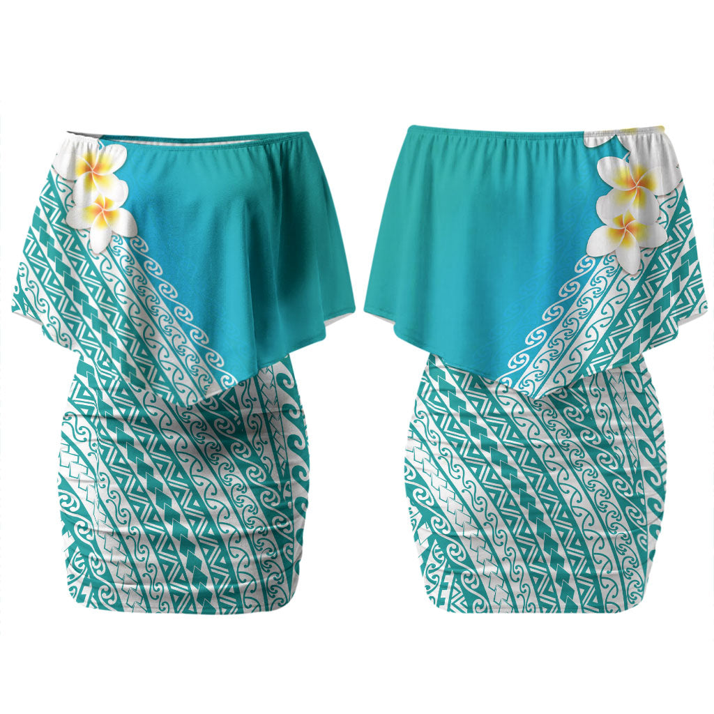 Tahiti Plumeria Tribal Pattern Couples Matching Off Shoulder Short Dress and Hawaiian Shirt Wave Style Turquoise LT05 - Polynesian Pride