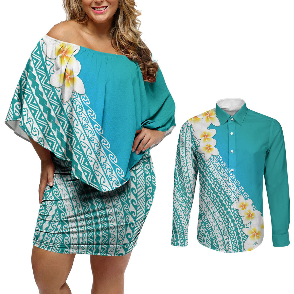 Tahiti Plumeria Tribal Pattern Couples Matching Off Shoulder Short Dress and Long Sleeve Button Shirt Wave Style Turquoise LT05 Turquoise - Polynesian Pride