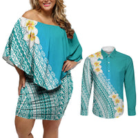 Tahiti Plumeria Tribal Pattern Couples Matching Off Shoulder Short Dress and Long Sleeve Button Shirt Wave Style Turquoise LT05 Turquoise - Polynesian Pride