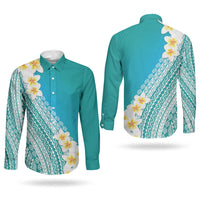 Tahiti Plumeria Tribal Pattern Couples Matching Off Shoulder Short Dress and Long Sleeve Button Shirt Wave Style Turquoise LT05 - Polynesian Pride