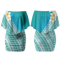 Tahiti Plumeria Tribal Pattern Couples Matching Off Shoulder Short Dress and Long Sleeve Button Shirt Wave Style Turquoise LT05 - Polynesian Pride
