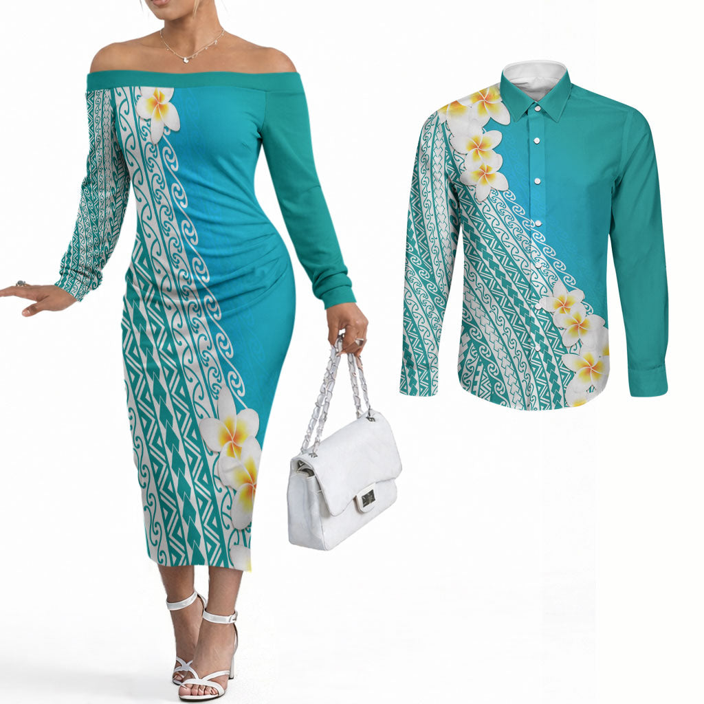 Tahiti Plumeria Tribal Pattern Couples Matching Off The Shoulder Long Sleeve Dress and Long Sleeve Button Shirt Wave Style Turquoise LT05 Turquoise - Polynesian Pride