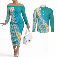 Tahiti Plumeria Tribal Pattern Couples Matching Off The Shoulder Long Sleeve Dress and Long Sleeve Button Shirt Wave Style Turquoise LT05 Turquoise - Polynesian Pride