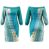 Tahiti Plumeria Tribal Pattern Couples Matching Off The Shoulder Long Sleeve Dress and Long Sleeve Button Shirt Wave Style Turquoise LT05 - Polynesian Pride