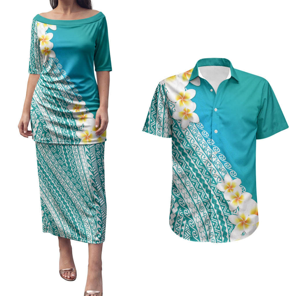 Tahiti Plumeria Tribal Pattern Couples Matching Puletasi and Hawaiian Shirt Wave Style Turquoise LT05 Turquoise - Polynesian Pride
