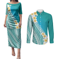 Tahiti Plumeria Tribal Pattern Couples Matching Puletasi and Long Sleeve Button Shirt Wave Style Turquoise LT05 Turquoise - Polynesian Pride