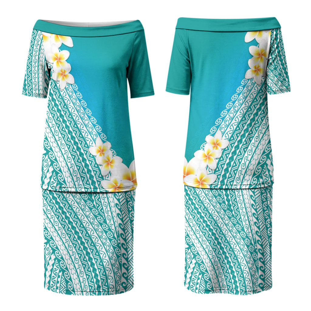 Tahiti Plumeria Tribal Pattern Couples Matching Puletasi and Long Sleeve Button Shirt Wave Style Turquoise LT05 - Polynesian Pride