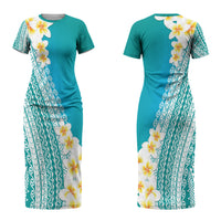 Tahiti Plumeria Tribal Pattern Couples Matching Short Sleeve Bodycon Dress and Long Sleeve Button Shirt Wave Style Turquoise LT05 - Polynesian Pride