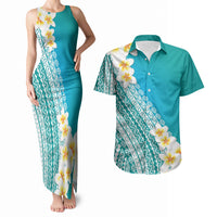 Tahiti Plumeria Tribal Pattern Couples Matching Tank Maxi Dress and Hawaiian Shirt Wave Style Turquoise LT05 Turquoise - Polynesian Pride
