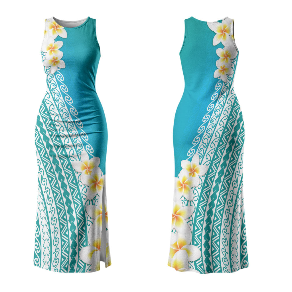 Tahiti Plumeria Tribal Pattern Couples Matching Tank Maxi Dress and Hawaiian Shirt Wave Style Turquoise LT05 - Polynesian Pride