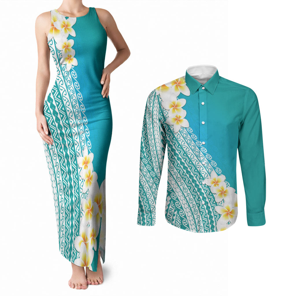 Tahiti Plumeria Tribal Pattern Couples Matching Tank Maxi Dress and Long Sleeve Button Shirt Wave Style Turquoise LT05 Turquoise - Polynesian Pride