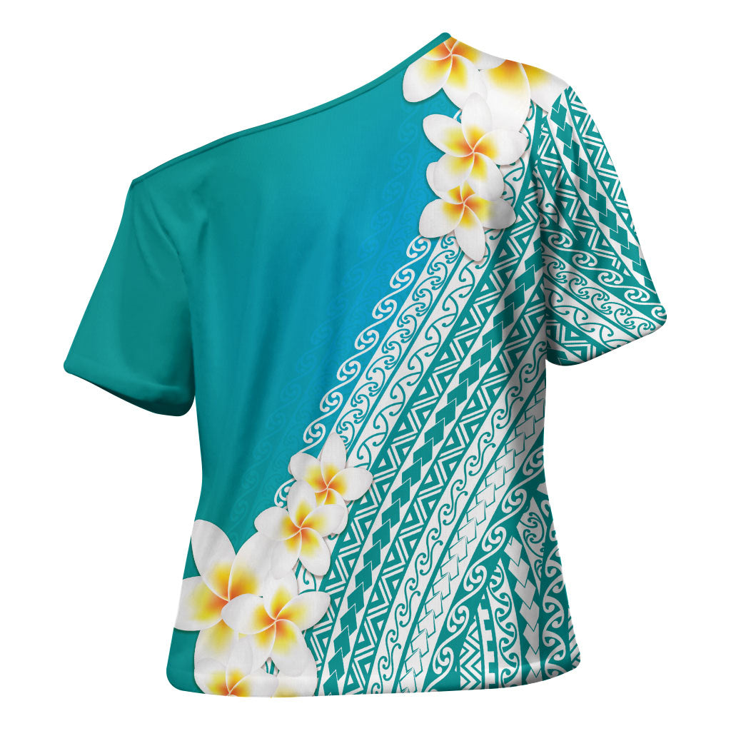 Tahiti Plumeria Tribal Pattern Cross Shoulder Shirt Wave Style Turquoise LT05 - Polynesian Pride
