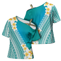 Tahiti Plumeria Tribal Pattern Cross Shoulder Shirt Wave Style Turquoise LT05 - Polynesian Pride