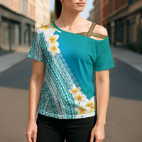 Tahiti Plumeria Tribal Pattern Cross Shoulder Shirt Wave Style Turquoise LT05 - Polynesian Pride