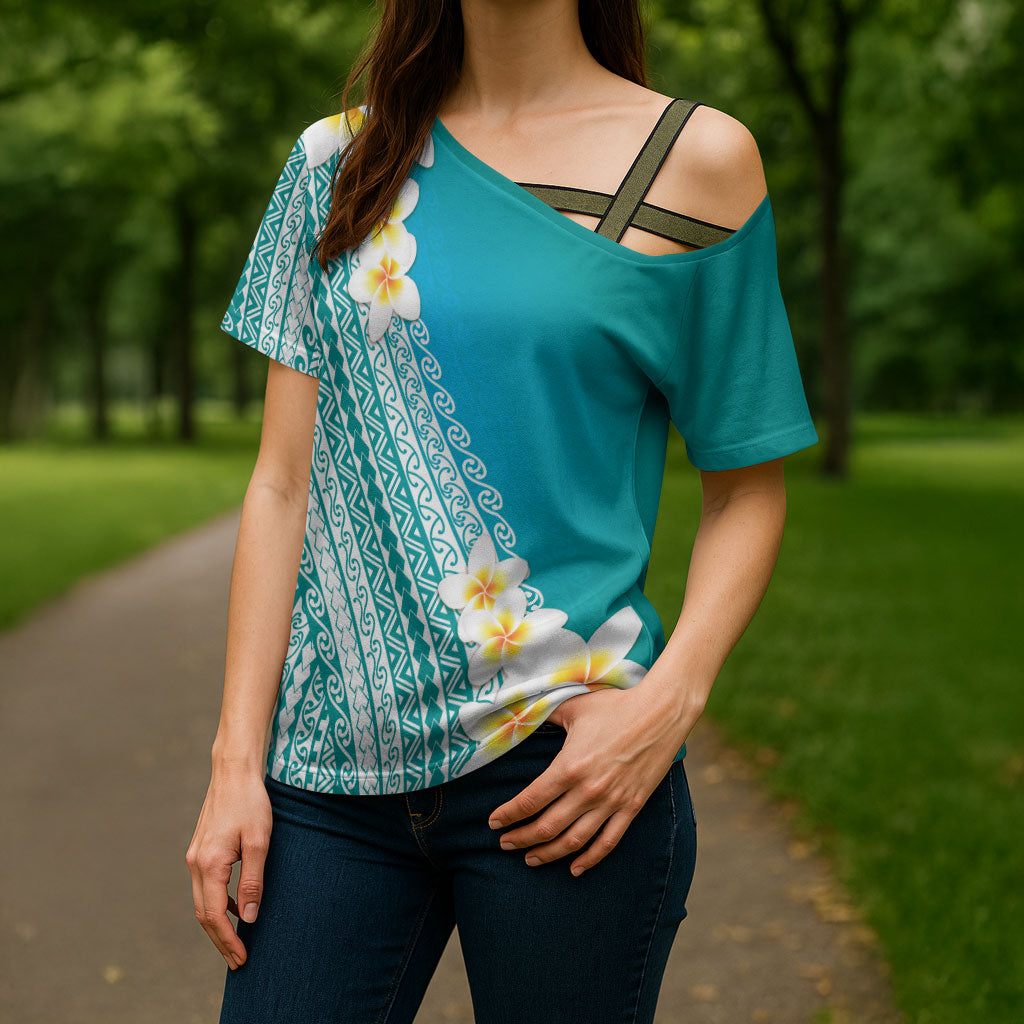 Tahiti Plumeria Tribal Pattern Cross Shoulder Shirt Wave Style Turquoise LT05 - Polynesian Pride