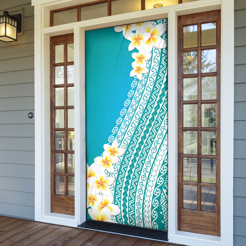 Tahiti Plumeria Tribal Pattern Door Cover Wave Style Turquoise LT05 - Polynesian Pride