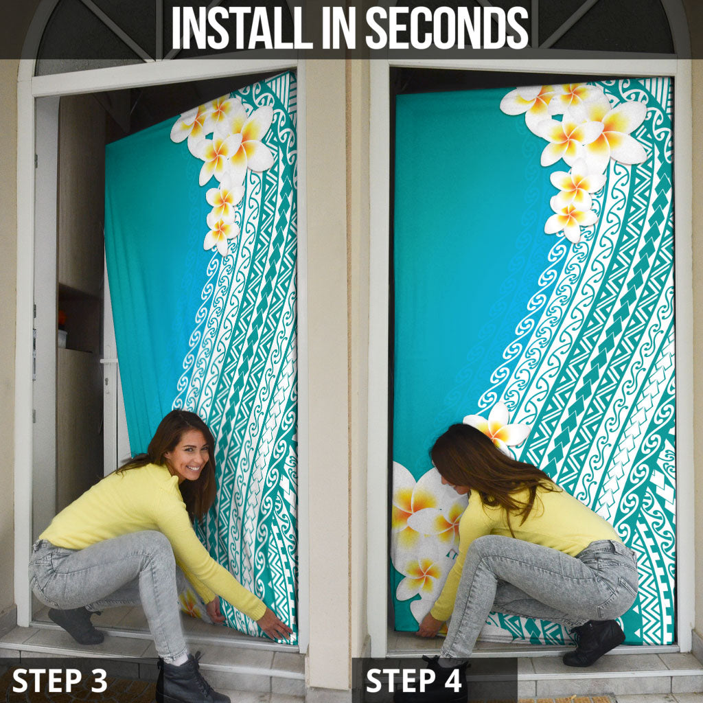 Tahiti Plumeria Tribal Pattern Door Cover Wave Style Turquoise LT05 - Polynesian Pride