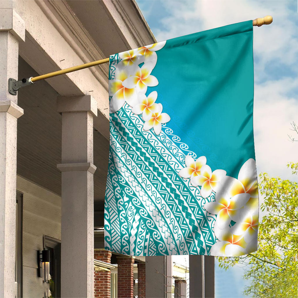 Tahiti Plumeria Tribal Pattern Garden Flag Wave Style Turquoise LT05 House Flag Turquoise - Polynesian Pride