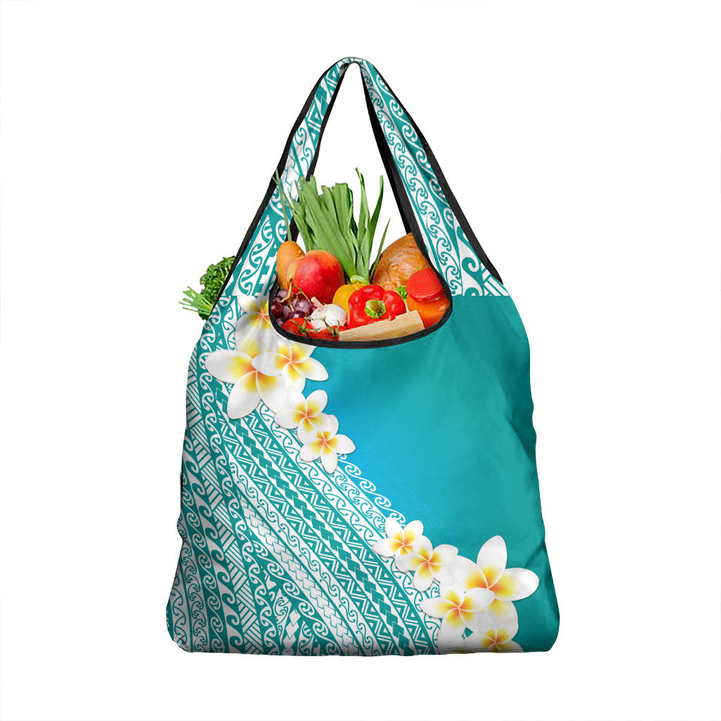 Tahiti Plumeria Tribal Pattern Grocery Bag Wave Style Turquoise LT05 1-pack One Size Turquoise - Polynesian Pride