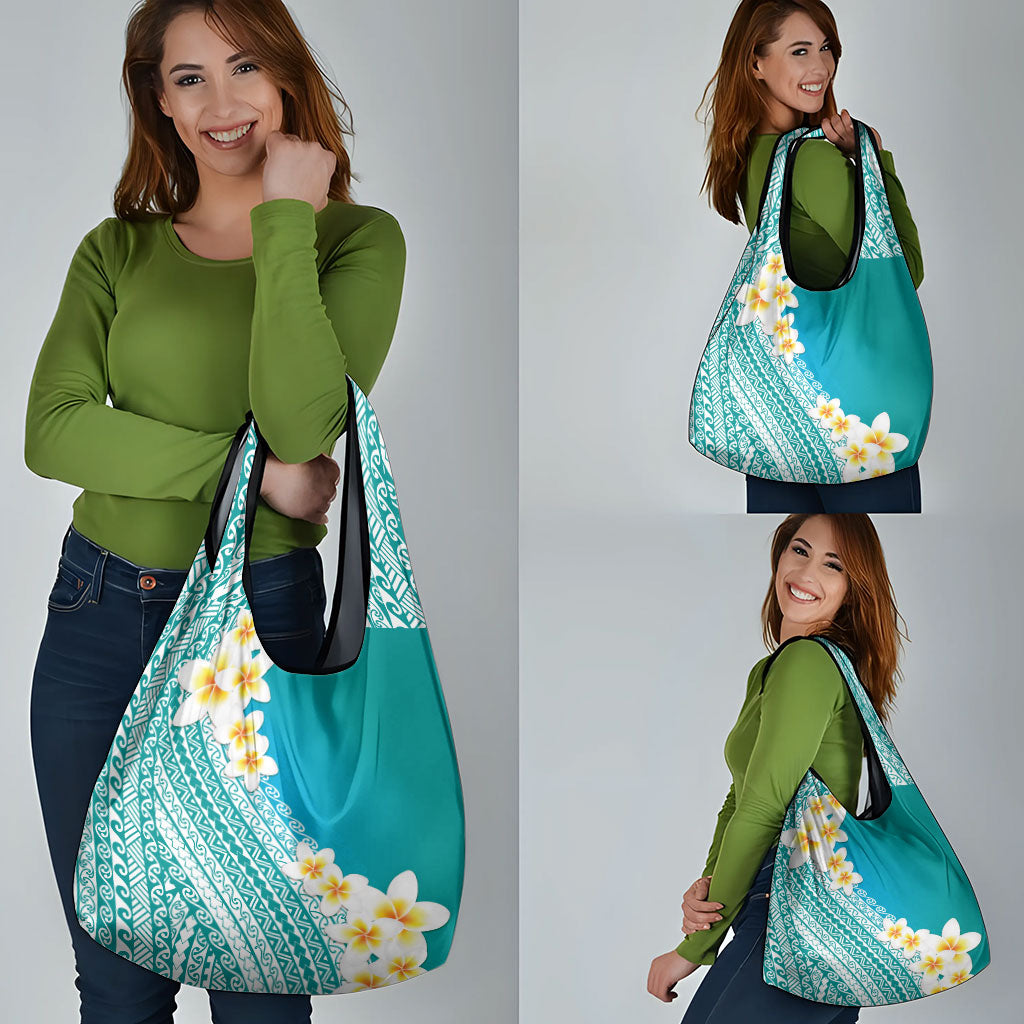 Tahiti Plumeria Tribal Pattern Grocery Bag Wave Style Turquoise LT05 - Polynesian Pride