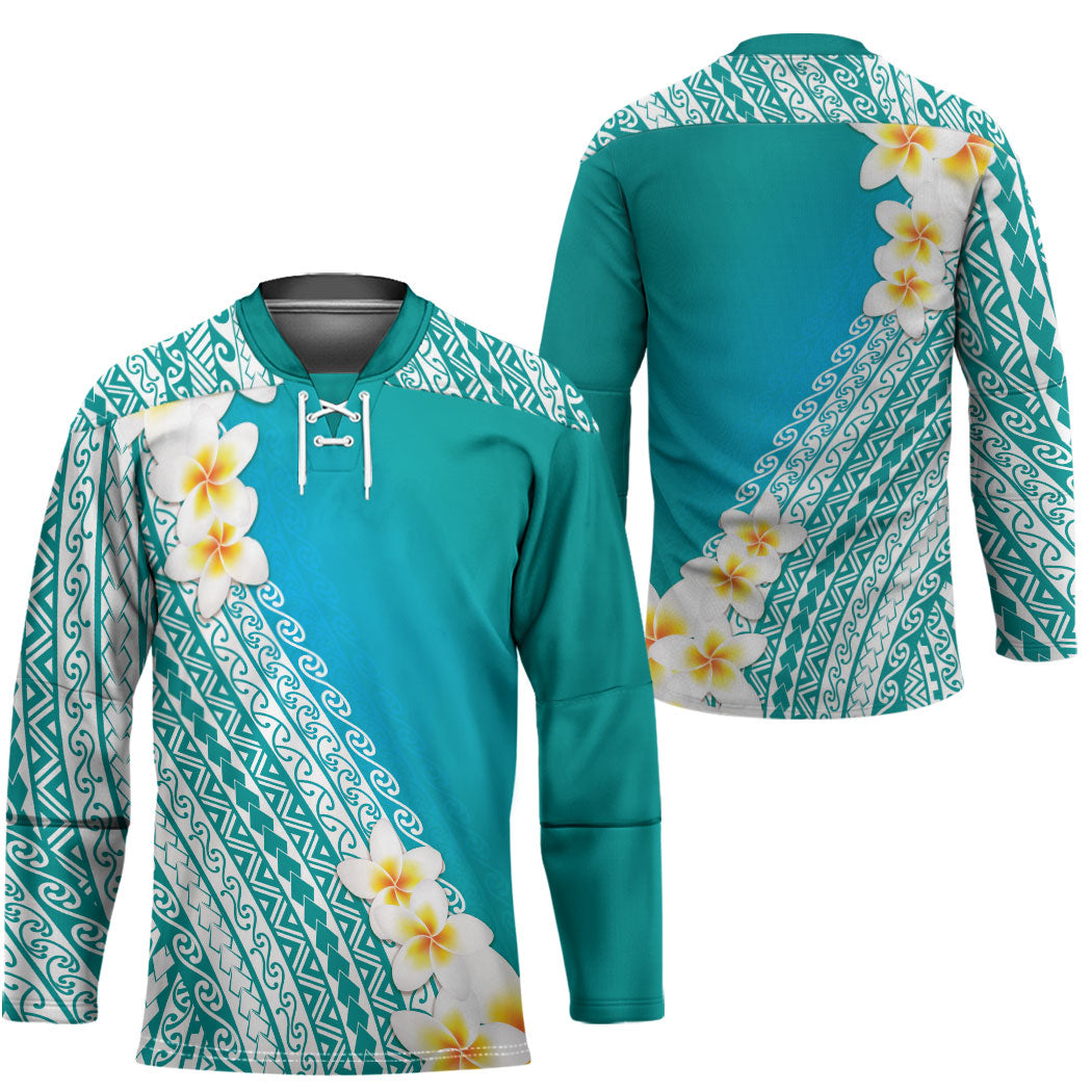 Tahiti Plumeria Tribal Pattern Hockey Jersey Wave Style Turquoise LT05 - Polynesian Pride
