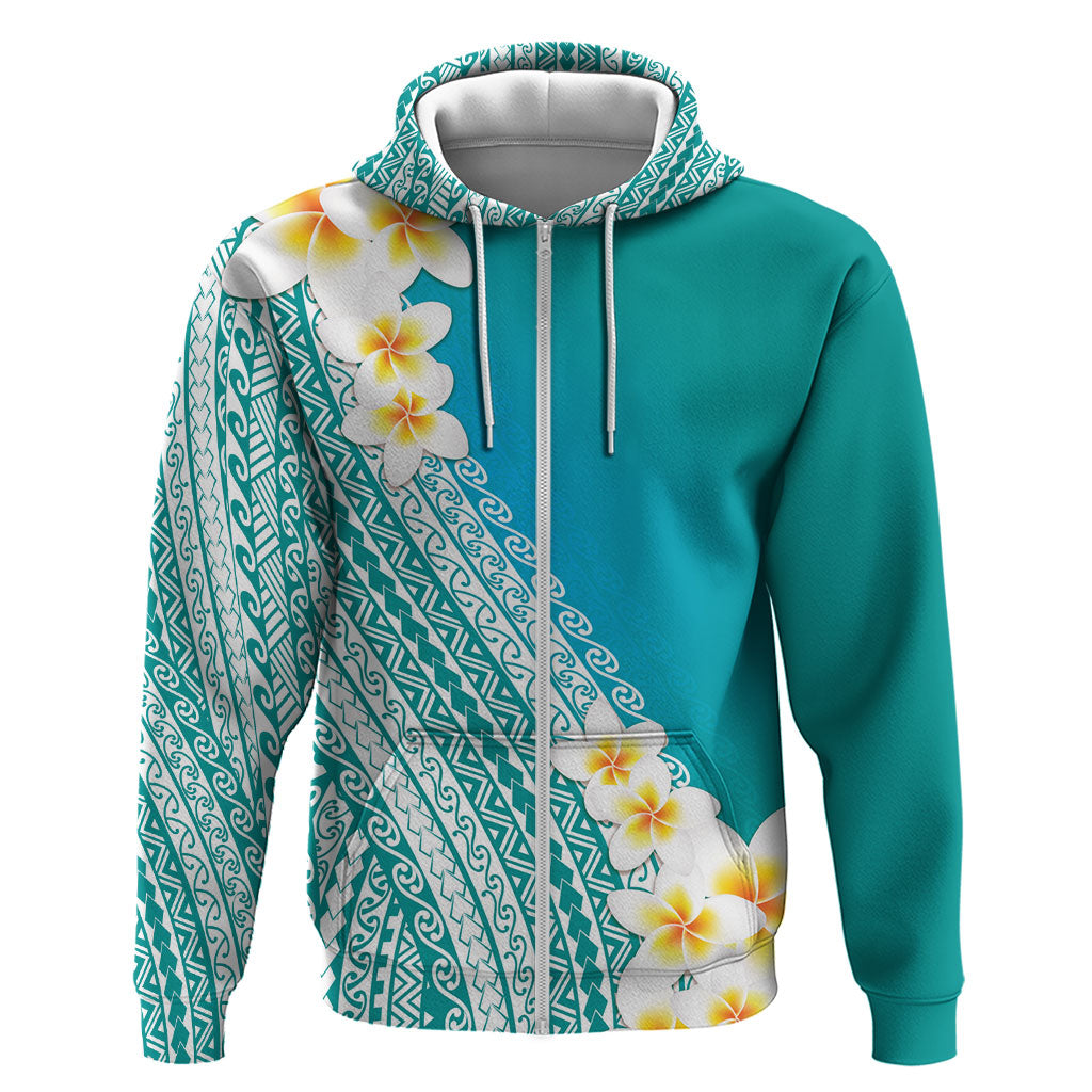 Tahiti Plumeria Tribal Pattern Hoodie Wave Style Turquoise LT05 Zip Hoodie Turquoise - Polynesian Pride