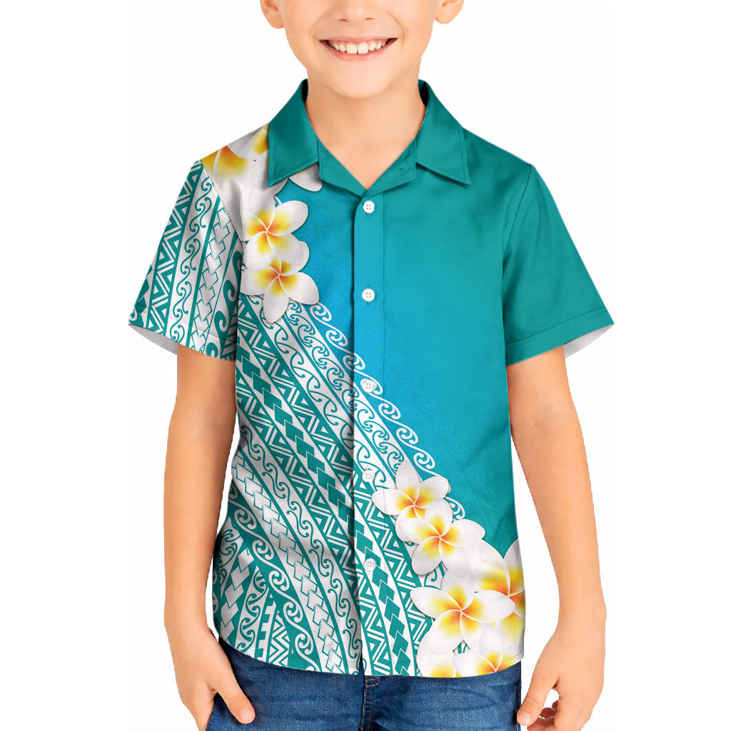 Tahiti Plumeria Tribal Pattern Kid Hawaiian Shirt Wave Style Turquoise LT05 Kid Turquoise - Polynesian Pride