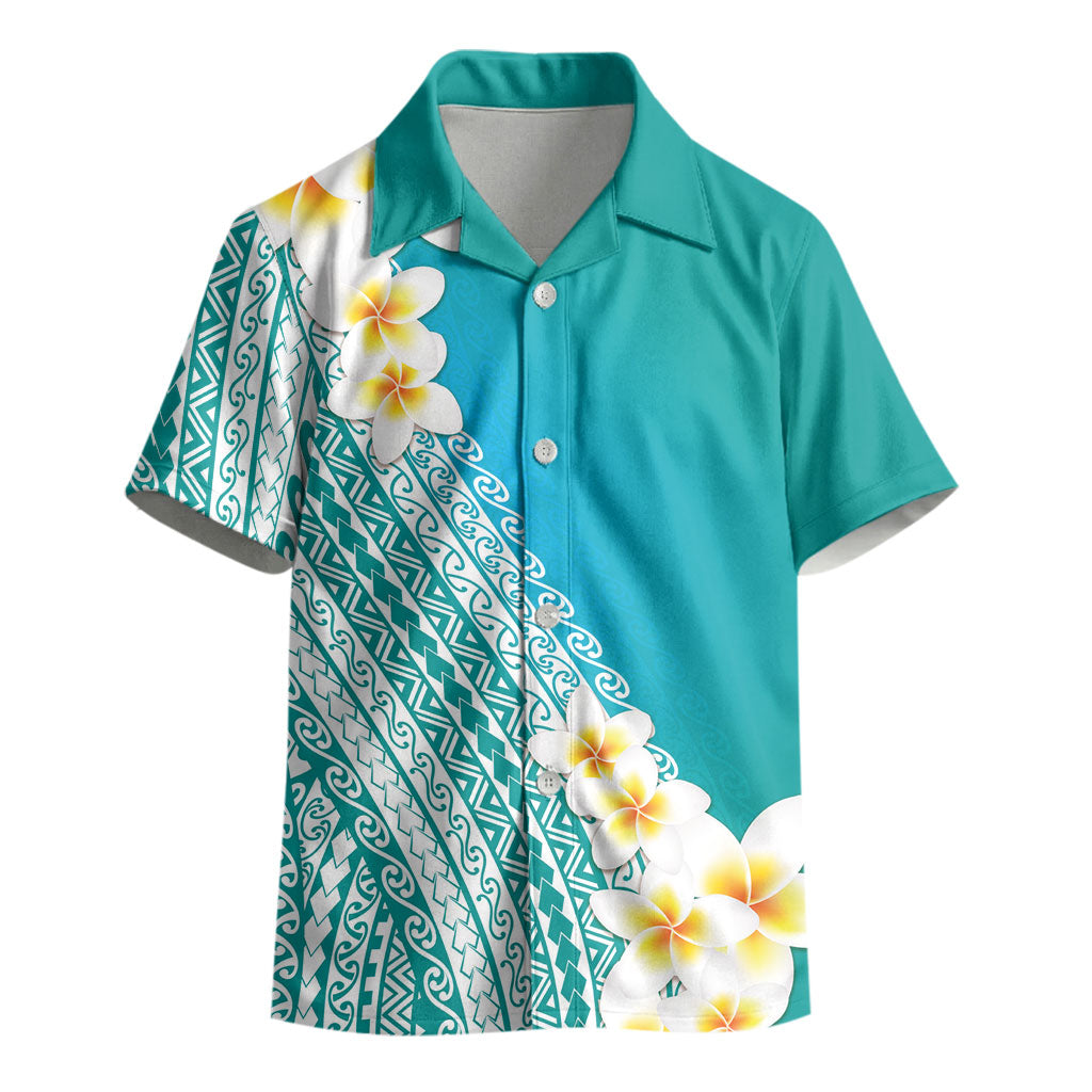 Tahiti Plumeria Tribal Pattern Kid Hawaiian Shirt Wave Style Turquoise LT05 - Polynesian Pride