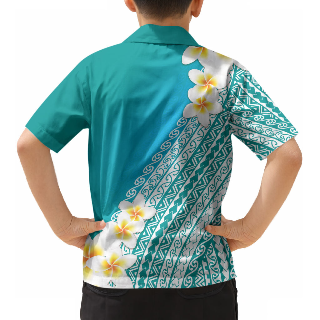 Tahiti Plumeria Tribal Pattern Kid Hawaiian Shirt Wave Style Turquoise LT05 - Polynesian Pride