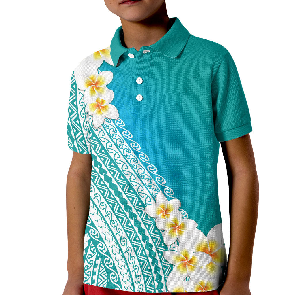 Tahiti Plumeria Tribal Pattern Kid Polo Shirt Wave Style Turquoise LT05 Kid Turquoise - Polynesian Pride