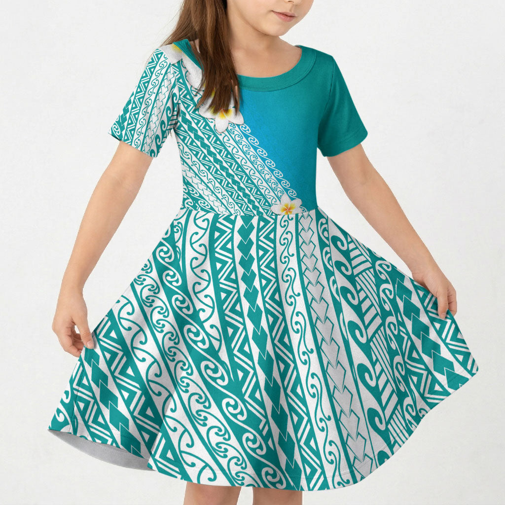 Tahiti Plumeria Tribal Pattern Kid Short Sleeve Dress Wave Style Turquoise LT05 KID Turquoise - Polynesian Pride