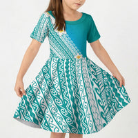 Tahiti Plumeria Tribal Pattern Kid Short Sleeve Dress Wave Style Turquoise LT05 KID Turquoise - Polynesian Pride