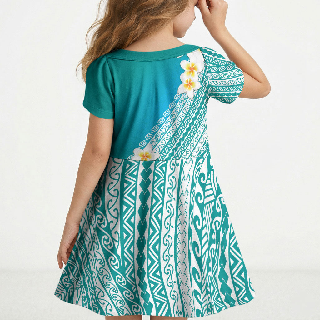 Tahiti Plumeria Tribal Pattern Kid Short Sleeve Dress Wave Style Turquoise LT05 - Polynesian Pride