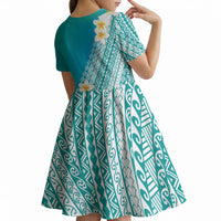 Tahiti Plumeria Tribal Pattern Kid Short Sleeve Dress Wave Style Turquoise LT05 - Polynesian Pride